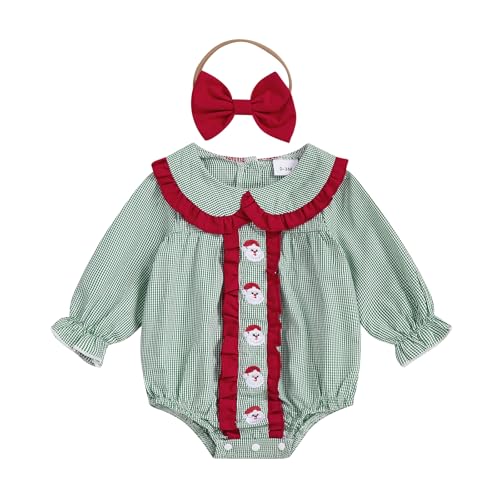 FYBITBO Newborn Baby Girl Christmas Outfit Santa Ruffle Bubble Romper Peter Pan Collar Onesie Plaid Jumpsuit Smocked Outfits