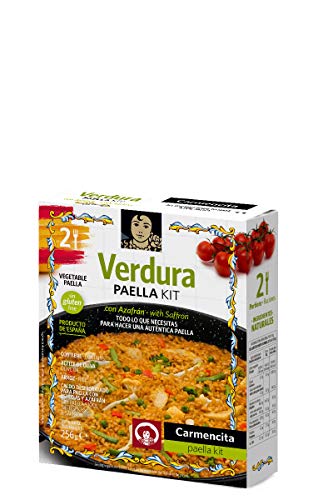 Carmencita Kit de paella de verduras para 2 paquetes de 256 g – El kit de paella contiene el sobre con el caldo de verduras deshidratado incluyendo especias y azafrán