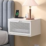 MOHOPE Floating Nightstand with Charging Station, Modern Wall Mounted Nightstands with Door, Wood Floating Bedside End Table with USB & Type-C Ports and Outlets for Bedroom, White