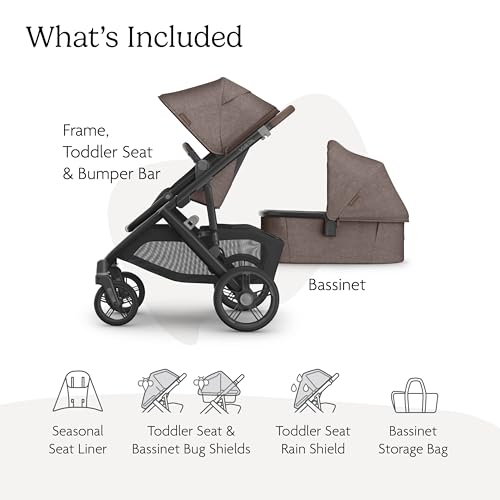 Image of UPPAbaby Vista V3 Stroller + Bassinet V3 - Convertible Single-to-Double Stroller System- Bassinet, Toddler Seat, Bug Shield, Rain Shield Included - Owen - Mocha Melange|Carbon Frame | Chestnut Leather