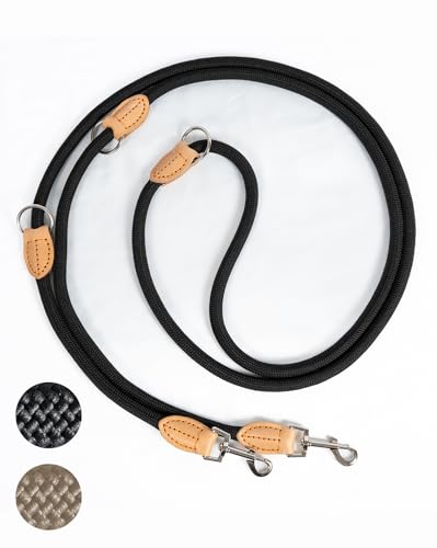 LeileiPaws Correa ajustable multifunción de nailon y cuero para perros, 3 m, correa para guía, hombro y cadera para perros pequeños y grandes, resistente para entrenamiento, caminar y correr (negro, 3