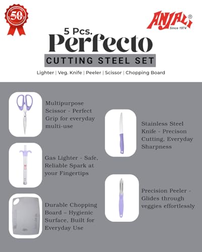 Image of Anjali 5-Piece Kitchen Tool Set - 1 Chopping Board, 1 Knife, 1 Peeler, 1 Scissor, 1 Lighter - Ideal for Cooking, Food Prep, and Various Uses for Home & Kitchen- Purple