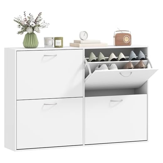 HOMCOM Armoire à Chaussures Meuble à Chaussures Grande Taille dim. 120L x 24l x 81H cm 4 Portes abattantes Double Niveau Panneaux Particules Blanc