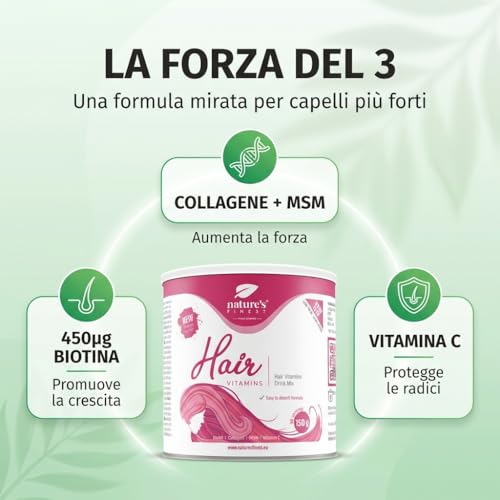 Nature's Finest by Nutrisslim Vitamine Per Capelli, Accelera la Crescita dei Capelli, Alto Dosaggio di Biotina 450 μG, Arricchito con Collagene, Senza Zucchero - Per Capelli Sani e Forti - 6