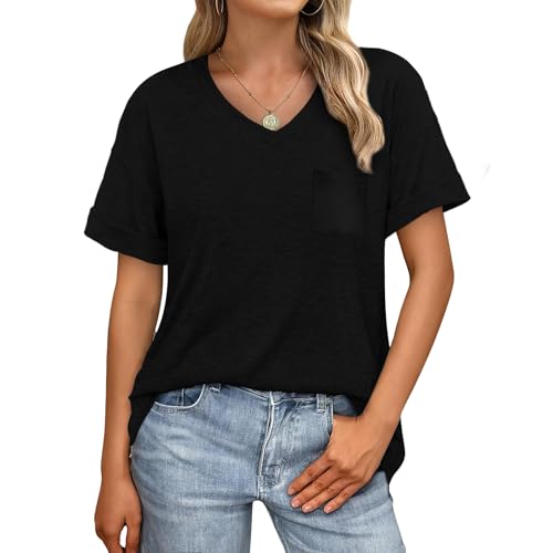 Summer Tops for Women 3 Pack Women Tops V-Neck Short-Sleeve with Pocket Comfortable and Breathable Fashion Clothes 20254