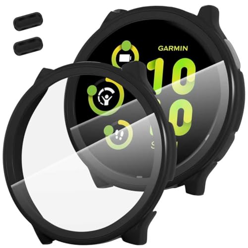 Suoman 2 Pack for Garmin vivoactive 5 Smartwatch Case, 9H Tempered Glass Screen Protector+ Charger Port, All-coverage PC Protective Cover Bumper (Black+Black)