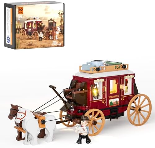 FUNWHOLE Western Stagecoach Lighting Building-Bricks Set - Old West Carriage and Horse 293 Pcs Collection Display Set for West Lovers