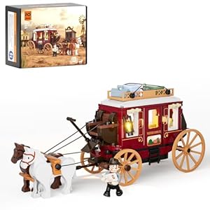 Funwhole Western Stagecoach Lighting Building-Bricks Set – Old West Carriage and Horse 293 Pcs Collection Display Set for West Lovers