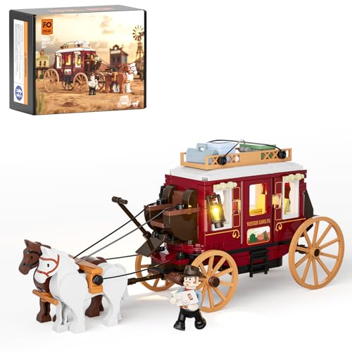 Funwhole Western Stagecoach Lighting Building-Bricks Set – Old West Carriage and Horse 293 Pcs Collection Display Set for West Lovers