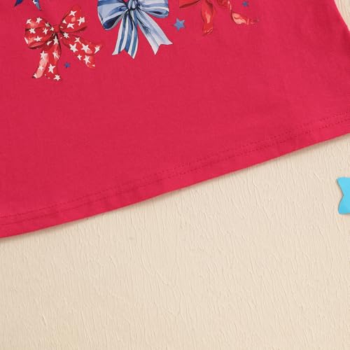 Image of Kids Toddler Little Girls 4th of July T-Shirt Coquette Red White & Blue Patriotic Bows Retro American Flag Top
