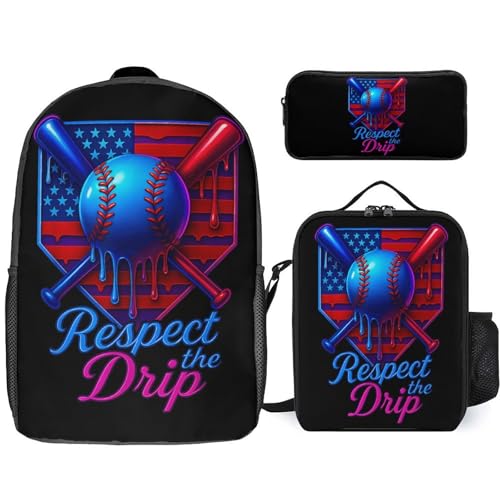 Baseball Respect The Drip American Flag Game Day Backpack Set 3 Pieces Backpacks Lunch Bag Wallet For Travel Outdoor Sports