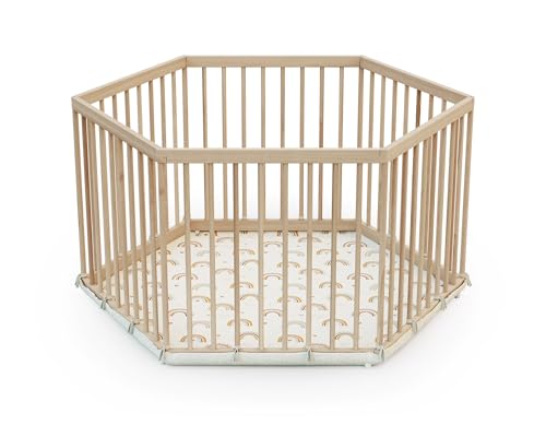 WEBABY - Parc bébé hexagonal en bois ALVEO avec fond textile - 125 x 106 x 65 cm