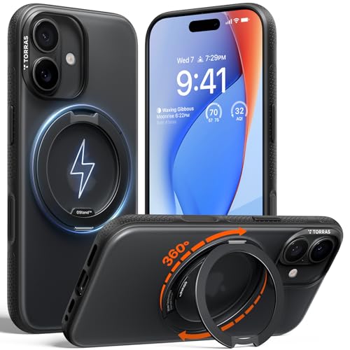 TORRAS iPhone 17 用ケース 【カチカチ・多機能360度回転スタンド】リング Ostand O3 Fitness MagSafe対応 米軍MIL規格耐衝撃 スタンド 指紋防止 黄変防止 カメラコントロールボタン付き ストラップホール 半透明 撮影/動画視聴/日常の記録 手のひらサイズの映像革命 ブラック