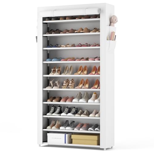ROJASOP 10 Tier Shoe Rack with Cover, Large Capacity Stackable Tall Shoe Shelf Storage to 50-55 Pairs Shoes and Boots Sturdy Vertical Shoe Rack Organizer for Closet, Entryway, Garage, White