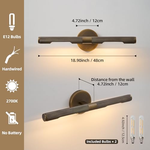 Image of Museum Gallery Bathroom Picture Light - 19 Inch Long Bronze Brass Dimmable Hardwired Wall Sconces with E12 Bulb - Frame Pictures Art Deco Sconce Lights for Painting Photo Artwork Library Vanity Over