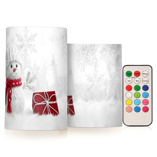 Image of Christmas Lights Decorations Flameless Candles Snowman in Winter Pillar Candles Set of 2 Battery Operated Remote Control Warm Lights