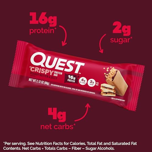 Image of Quest Nutrition Crispy Peanut Butter & Jelly 16g Protein Bar, 2g Sugar, 4g Net Carbs, Gluten Free Snack, Keto Friendly, 12 Count