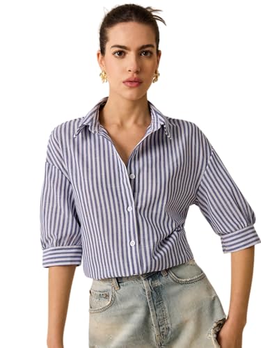 Image of IndoPrimo Women's Classic Fit Striped Print Poly Cotton Shirt with 3 /4 Sleeve Mandarin Neck Standard Length and Button Down Closure Type