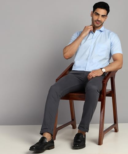 Image of MILDIN Men's Cotton Blend Solid Shirt with Spread Collared Half Sleeve Curved Hemline Button Closure Regular Fit and One Pocket | Half Sleeve Shirt for Men