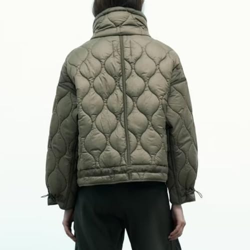 HangNiFang Women's Stand Collar Puffer Jacket Long Sleeve Drawstring Quilted Jacket Coat4
