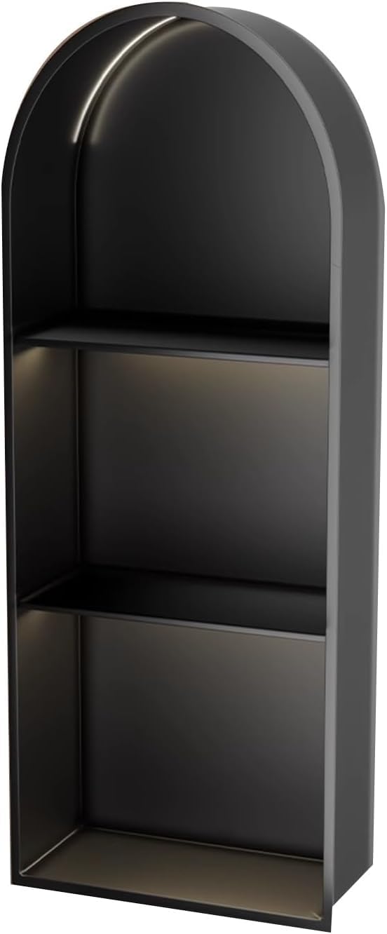MYUYEE Stainless Steel Shower Niche No Tile Needed Arched Niche Double/Triple Layer Partition Recessed Arched Shower Shelf With Led (Black 90X30X15Cm)