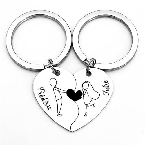 Image of Personalized Heart Couple Keychains Set - Custom Engraved Names, Stainless Steel Matching Keyrings for Valentine's Day, Wedding, Anniversary, Gifts for Him & Her