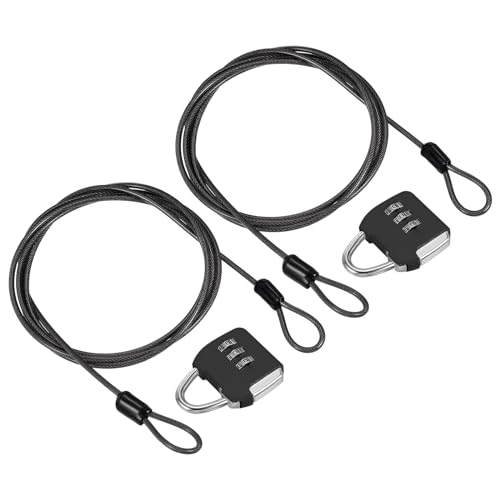 Image of PATIKIL Security Steel Cable with 3 Digit Combination Lock, 2 Set Travel Padlock 4.9Ft Coated Safety Wire Rope Double Loop for Luggage Suitcase, Black