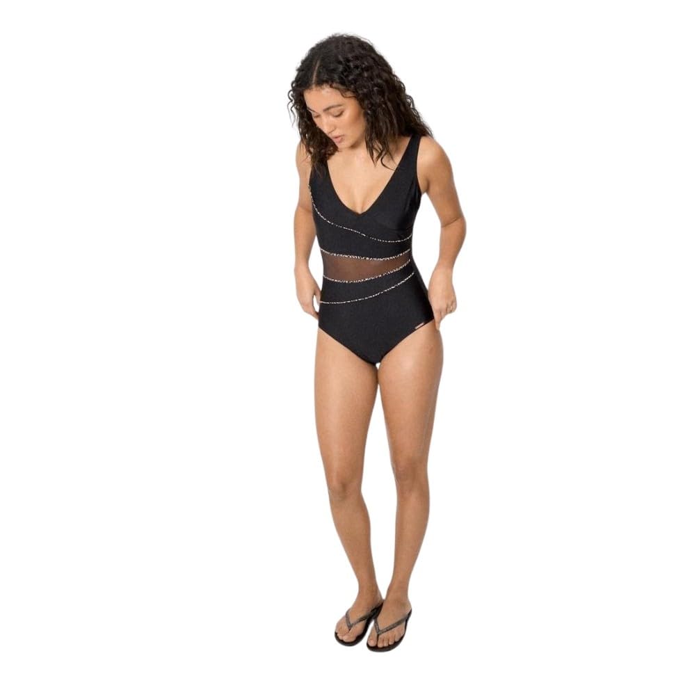 YSABEL MORA Bañador Moldeador con Tul Transparente y Brillo Negro Copa B. Reductor con Compresión en Abdomen,Parte Superior con Aro y Relleno. Tejido con Acabado de Brillo. Colección Coconut.