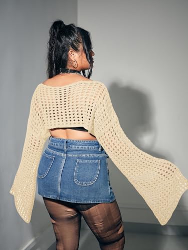 Image of Floerns Women's Plus Size Boat Neck Long Sleeve Hollow Out Crochet Cropped Sweater