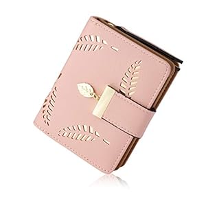 Aoliandatong Ladies Purse Wallet, Small Womens Bifold Leather Purses with Cash ID Credit Card Holder, Hollow Leaf Ladies Vegan Coin Purses Money Bags with Zip(Pink)