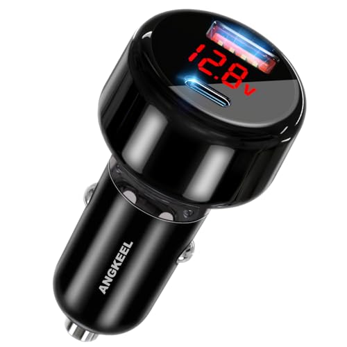 65W Car Charger ANGKEEL Dual Port USB C Power Car Adapter Plug with Voltage Display, for iPhone, Samsung, iPad Pro, and More
