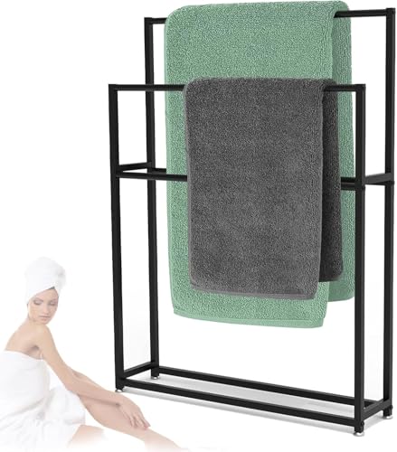 Toallero De Baño Independiente Toallero De Oro Cepillado Soporte para Toallero De Piso De Baño Estante De Toallas Alto Organizador De Almacenamiento De Mantas Toalle, Black, 65 x 20 x 110 cm