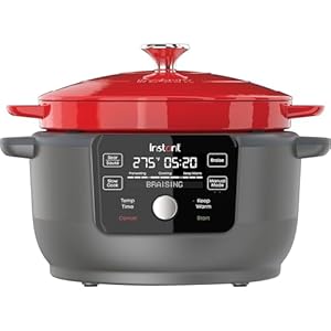 6-Quart 1500W Electric Dutch Oven with Recipe Book – Braise, Slow Cook, Sear, Warm, Red Enameled Cast Iron