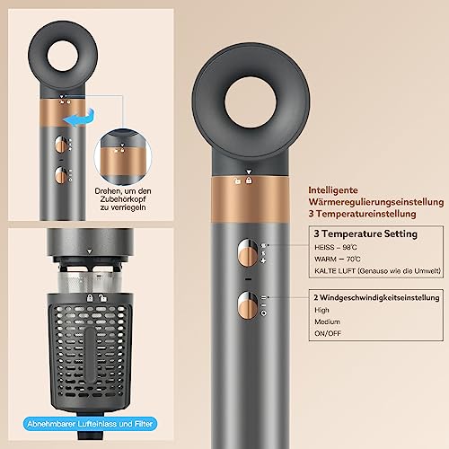 Foto von 5 IN 1 AIR Styler & Haartrockner Warmluftbürste Set, WeChip Negativ Ionen Rundbürstenföhn, Airflow Lockenstab Automatisch, Föhnbürste, Volumisieren, Glätten, Trocknen, Hochtouriger Motor, 5 Aufsätze