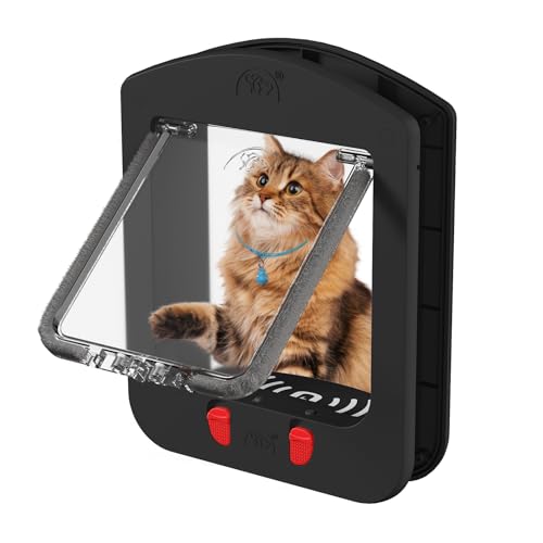 Smart Cat Door with Collar Sensor and 2pcs of Cat Magnetic Collars 4 Way Locking Cat Door with Magnetic Flap Pet Door for Interior Door and Exterior Door (Black)