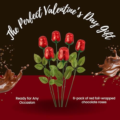 12-Pack Chocolate Roses &ndash; Individually Wrapped Red Foil Bouquet Candy for Valentine&rsquo;s Day, Candy Bouquets, Graduation, Mother&rsquo;s Day & More &ndash; Edible Chocolate Rose Gift (12 Roses Classic)