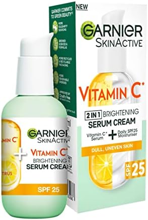 Garnier Vitamin C Serum Cream, 2in1 Formula with 20% Vitamin C serum & SPF 25 Moisturiser, Hydrate & Reveal Bright Glowing Skin, Organic & Vegan Formula, 50ml