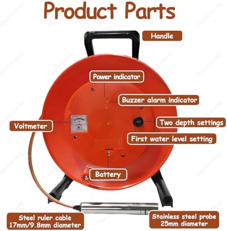 Portable Electronic Water Level Meter with Stainless Steel Probe, Indicator Light & Peak Display for Accurate 20m Well, Borehole & Reservoir Measurement