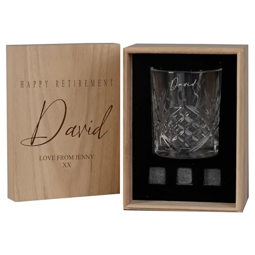 ukgiftstoreonline Personalised Whisky Gift Set with Engraved Wooden Box 3 Whisky Stones Tumbler Glass for Any Occasion