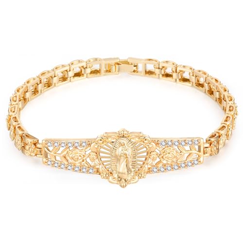 Gold Catholic Bracelet for Women-14k Gold Plated Bracelet Hypoallergenic Non Tarnish Trendy Jewelry Dainty Stainless Steel Cubic Zirconia Religious Baptism Virgin Mary Bracelets Gifts for Her