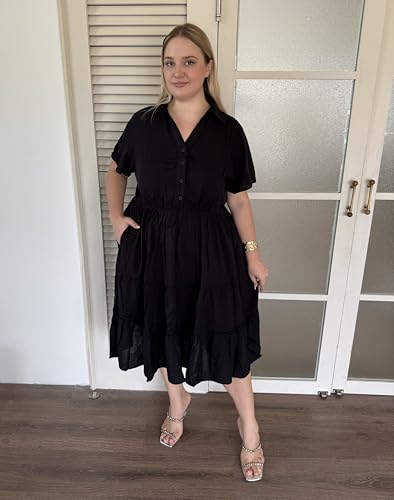 Image of CARCOS Plus Size Dresses for Curvy Women Collared Vneck Short Sleeve Dresses Midi Summer Ruffle Dress with Pocket XL-5XL