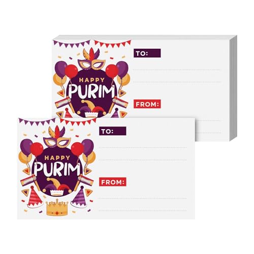 Image of Happy Purim Blank Gift Tags, 3.5 inch x 2 inch To From Jewish Holiday Religious Complimentary Greeting Note Cards for Gifts and Presents Wrapping - Business Card Size, Thick and Durable - 25 per Pack (Purple)
