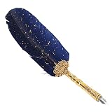 Retro Pen Set with Glossy Writing, Elegant Quill Pen, Includes 5 Replacement Nibs, Letter Paper, Ink Bottle and Candle (Navy Blue)