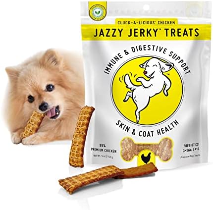 HappyTails Canine Wellness Jazzy Jerky, Natural 95% Chicken Jerky Treats, Healthy Dog Treats Made in USA, Gut & Immune Health, Skin & Coat, Small-Large Dogs, 5 oz