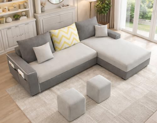 Image of Casaliving Afie RHS 4 Seater L-Shape Sofa Set with 2 Puffy for Living Room (Grey & Dark Grey Colour) Premium Fabric Sofa Set