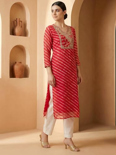 Image of INDO ERA Women's Georgette Leheriya Printed Straight Calf Length Kurtas (IEAI12232)