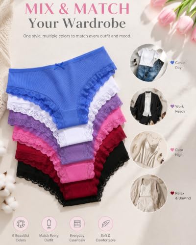 Image of Womens Cotton Underwear Sexy Lace Trim Bikini Ladies Cheeky Panties 6 Pack