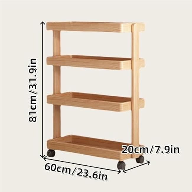 4-Tier Wooden Rolling Cart - Multifunctional Storage Rack for Living Room, Kitchen & Study - Mobile Trolley with Wheels for Easy Organization & Display-PQ7D26YV