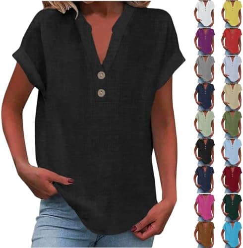 LRMQS Summer Tops for Women 2026 Trendy Casual Short Sleeve Cotton Linen Shirts Button V Neck Tunic Blouse Spring Clothes