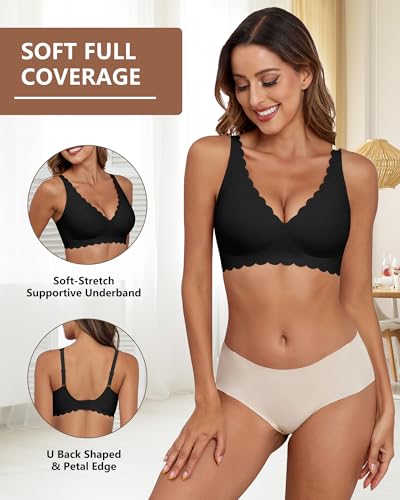 Deep V Neck Wireless Bras for Women No Underwire Scalloped Seamless Bralettes Petal Wavy Womens Bras with Extender3
